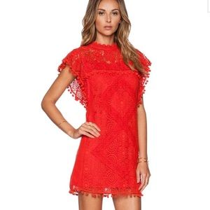 Tularosa Clayton Crochet Pom Pom Mini Dress Red XS